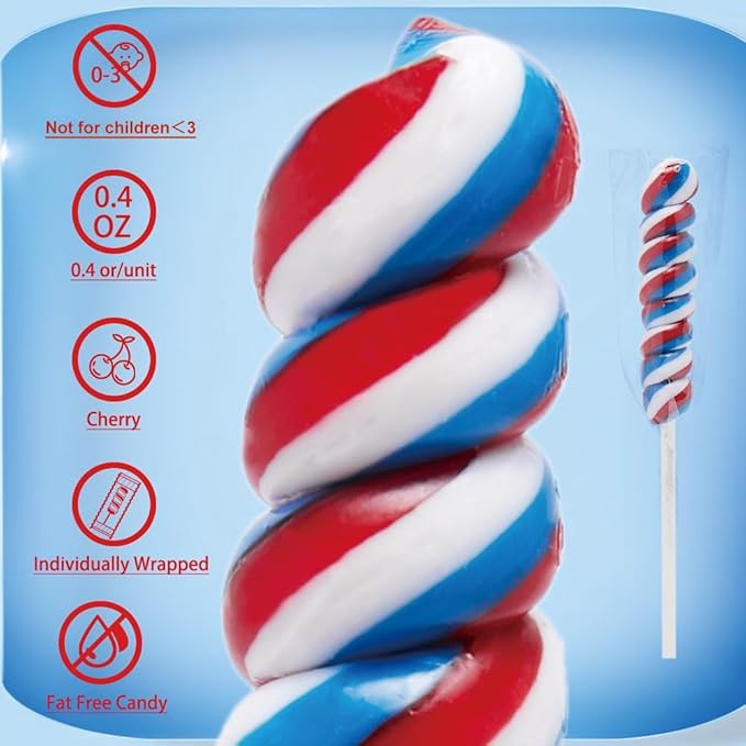 Red White and Blue Twisty Lollipops Individually Wrapped Twist Suckers Bulk for Party Favors Kid's Lollipop Candy for Birthday Blueberry Flavors 30 Pack