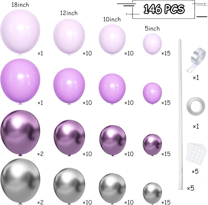 Grey Violet Maca Purple Silver Balloons Garland Arch Kit, 146Pcs Latex Balloons Different Sizes 18 12 10 5 Inch for Party Decoration Birthday Wedding Engagements Anniversary Baby Shower