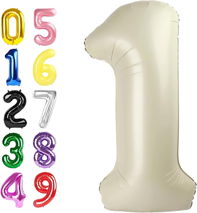 Number Balloons 40 Inch, Cream Balloons for Birthday Party Decoration, Foil Number 1 Ballon for 1, 10, 11, 100 Celebration, Boy and Girl Birthday, Baby Shower, Anniversary Decor