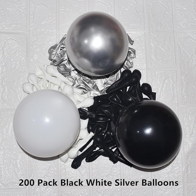 200 Pack Black White and Silver Balloons 5 Inch Latex Black White Metallic Silver Bulk Small Balloon Arch Garland Kit for Birthday Wedding Bridal Baby Shower Supplies Graduation Party Decorations