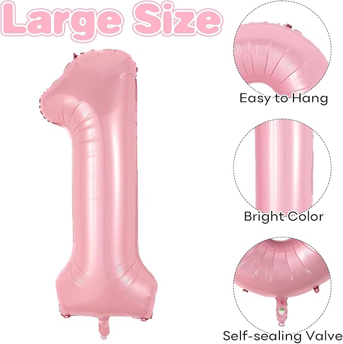 40 Inch Pink Number 1 Balloon, Light Pink Number Balloons Set 0-9, Large Baby Pink 1 Balloon Numbers, Pastel Pink Foil Digital 1 Balloons Helium for Girls Baby Shower 1st Birthday Party Decorations