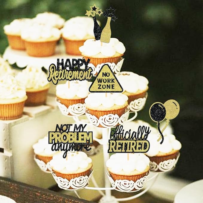 24 Pcs Happy Retirement Cupcake Toppers Officially Retired Cupcake Picks, No Work Zone Retirement Theme Cake Toppers Decorations for Farewell Party Cakes (Black&Gold Ⅱ)