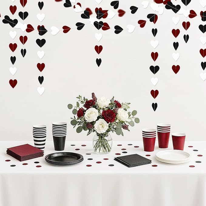 White Black and Burgundy Birthday-Decorations - 52Ft Heart Paper Garland Decoration Streamers Party Banner Bridal Baby Shower Wedding Bachelorette Engagement Graduation Hanging Decor Hongtongtong