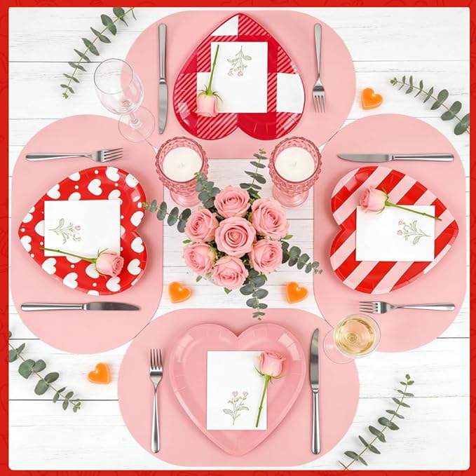 48 Pack 9 Inch Heart Shaped Paper Plates for Mother's Day & Valentine’s Day, Disposable Pink & Red Party Plates, 4 Designs for Wedding, Anniversary, Galentine’s Day Party Supplies
