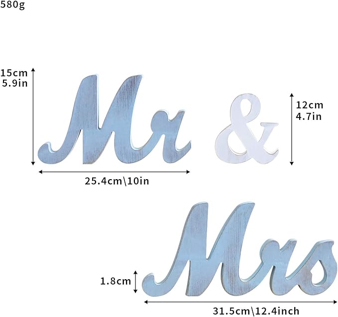 Mr Mrs Sign for Wedding Table,Mr and Mrs Wooden Letters,Large Mr. & Mrs.Party Decoration Items,Head Table Wedding Wood Letter,Blue, 12.5x7x2.5 inches