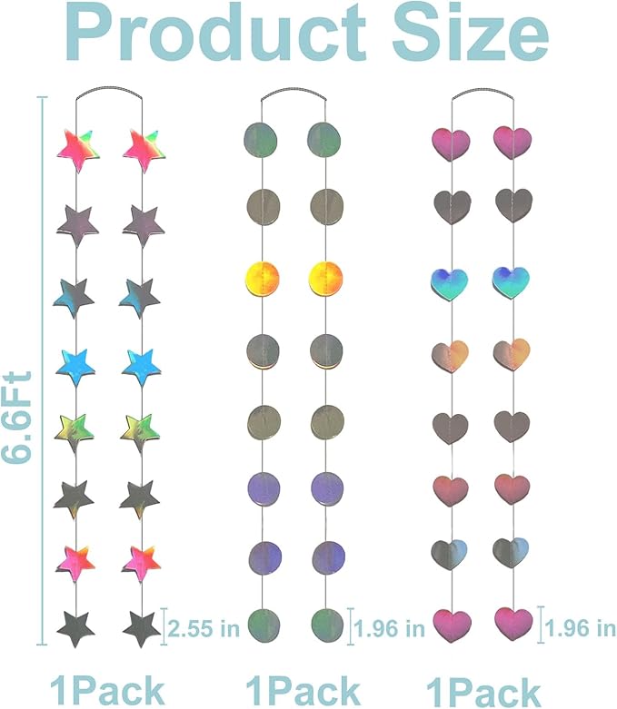 Iridescent Dot Heart Star Streamers 19.8 Feet Paper Garlands Glitter Disco Garland Hanging Banner for Birthday Homecoming Classroom Mothers Day Wedding Engagement Birthday Party Supplies