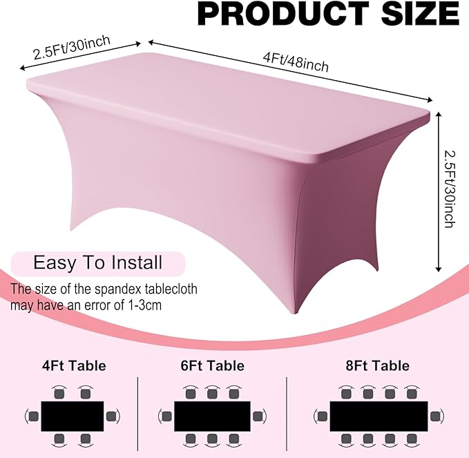 Trlyc 2 Pack 4FT Spandex Table Cloth - 48 x 30 Inch Rectangular Stretch Tablecloth, Wrinkle Resistant Scretch Table Cover for Wedding, Party, Banquet, Picnic, Outdoor Decoration (2Pcs,Pink)