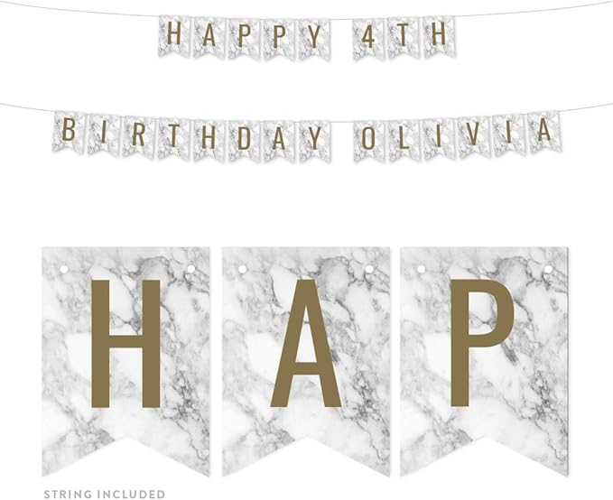 Andaz Press Personalized Hanging Pennant Banner Party Decorations, Marble and Gold, Happy 4th Birthday Olivia, 1-Pack, Approx. 5-Feet, Custom Name and Number
