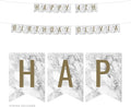Andaz Press Personalized Hanging Pennant Banner Party Decorations, Marble and Gold, Happy 4th Birthday Olivia, 1-Pack, Approx. 5-Feet, Custom Name and Number