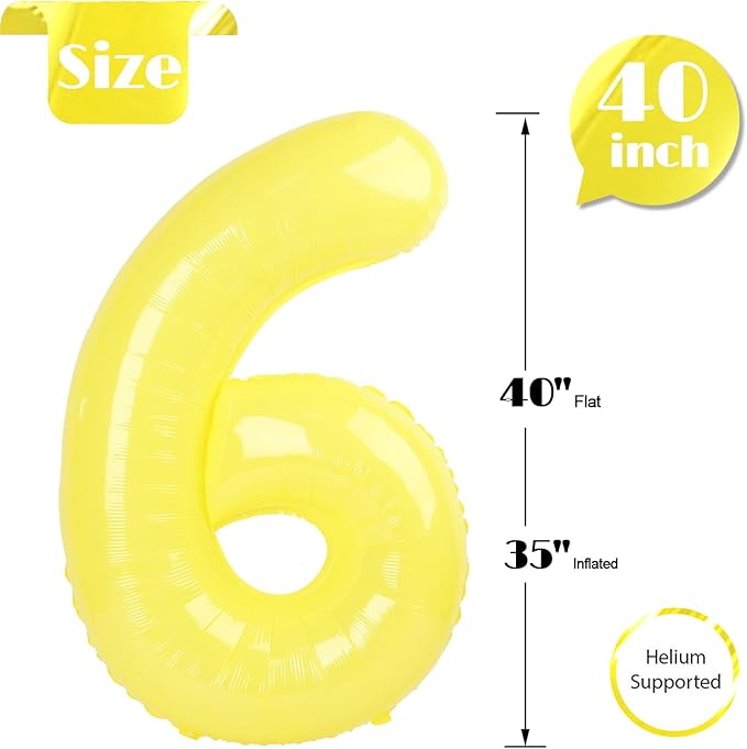Yellow Number 6 Balloon 40 Inch, 6 Balloon Number, 6th Birthday Decorations, Yellow Party Supplies for Boys Girls