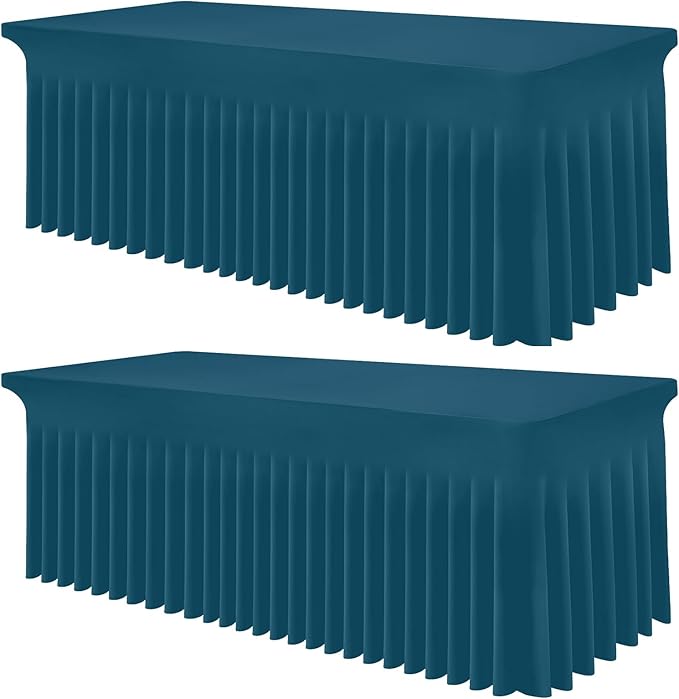 Smiry Spandex Tablecloth 2 Pack, Elastic Fitted Stretch Tablecloth for 8FT Rectangle Tables, Waterproof Washable Table Cover Skirt for Wedding, Banquet & Parties (Peacock Blue, 96Lx30Wx30H Inch)