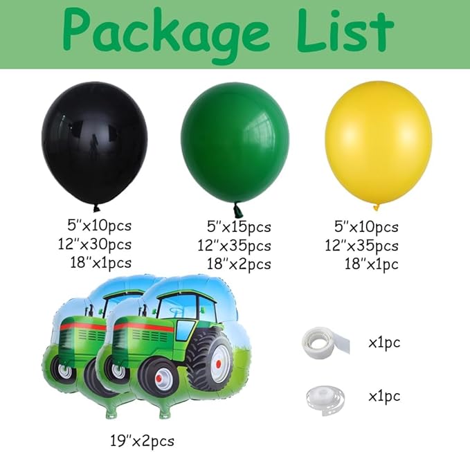 Tractor Balloon Garland Arch Kit 141PCS Farm Dark Green Black Yellow Balloon with Tractor Foil Balloon for Farm Themed Boy Birthday Baby Shower Party Decorations
