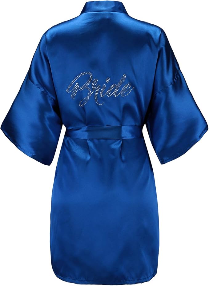 EPLAZA Women's One Size Silver Rhinestones Bride Bridesmaid Short Satin Robes for Wedding Party Getting Ready