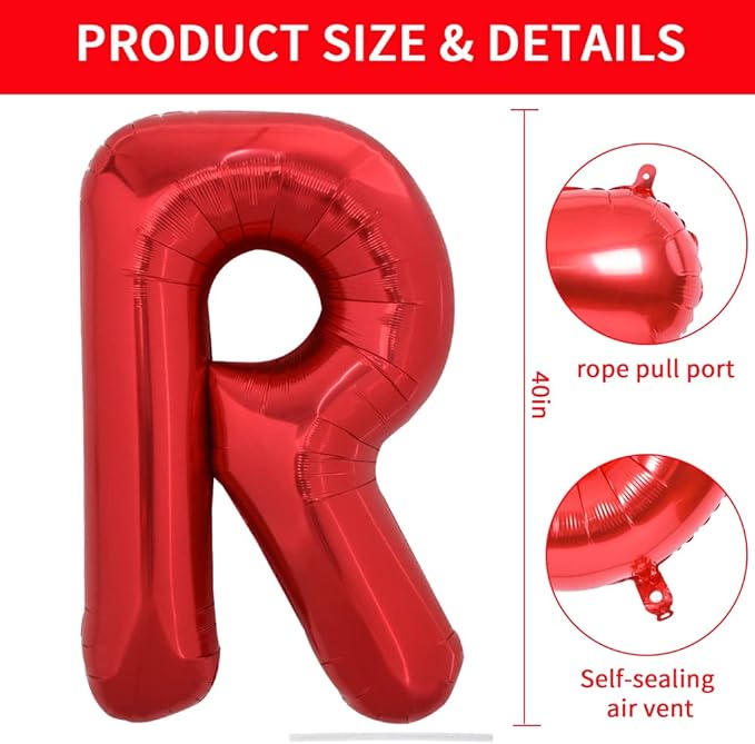 TONIFUL 40 Inch Large Bright Red Letter Balloons A-Z, Giant Jumbo Helium Foil Mylar Big Letter R Balloons for Birthday Party Anniversary Wedding Decorations