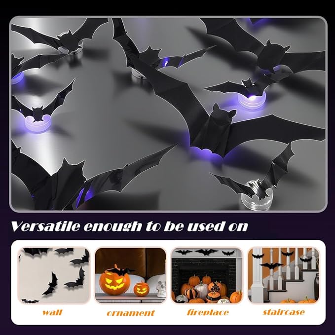 2025 New Halloween 3D Lighted Bats, LED Purple Lighted 3D Bats Halloween Decoration, Upgrade LED Glowing Bat Group Hanging Wall Luminous Glow Clings Multipack (24Pcs Black)