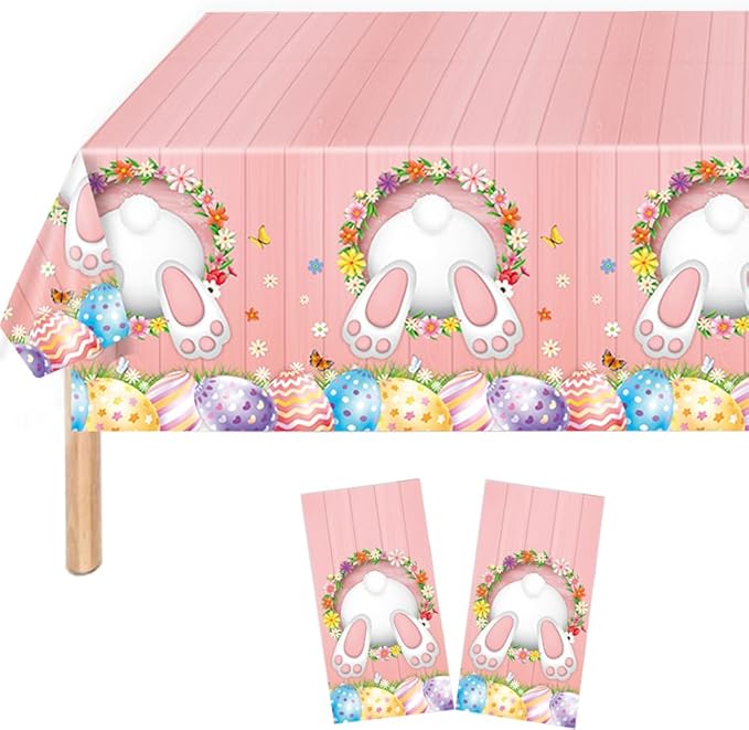 2 Pack Easter Plastic Table Cloth Waterproof Rectangle TableCovers Easter Table Covers Party Cloths Bunny Eggs Table Covers, 54 x 108 in