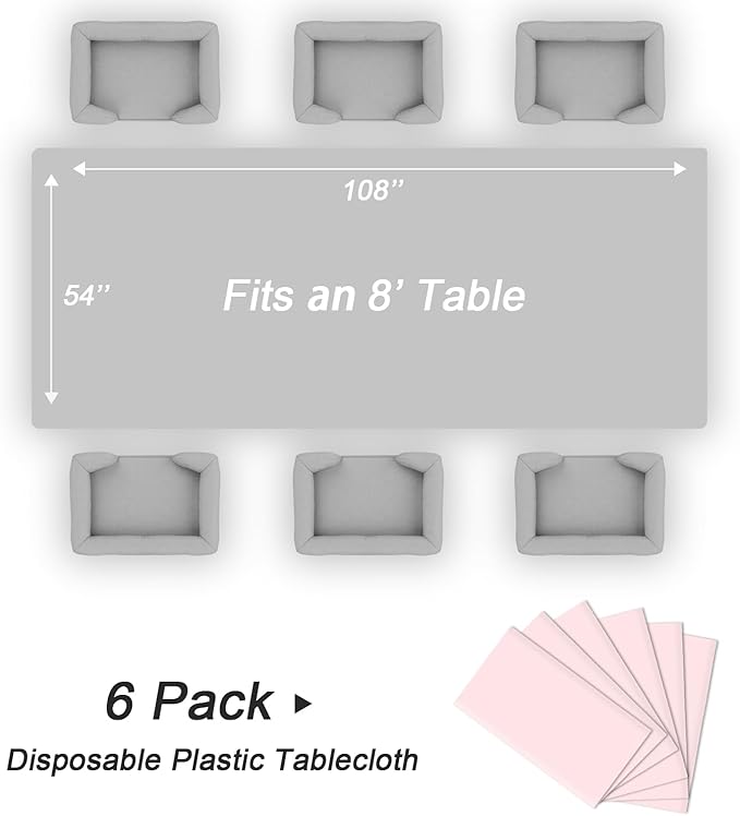 QIKSION Pink Plastic Table Cloth Disposable 6 Pack, 54 x 108 Inch Tablecloths for Valentines, Easter, Mothers Day Decorations, Baby Shower Birthday Party, Rectangle Table Cover