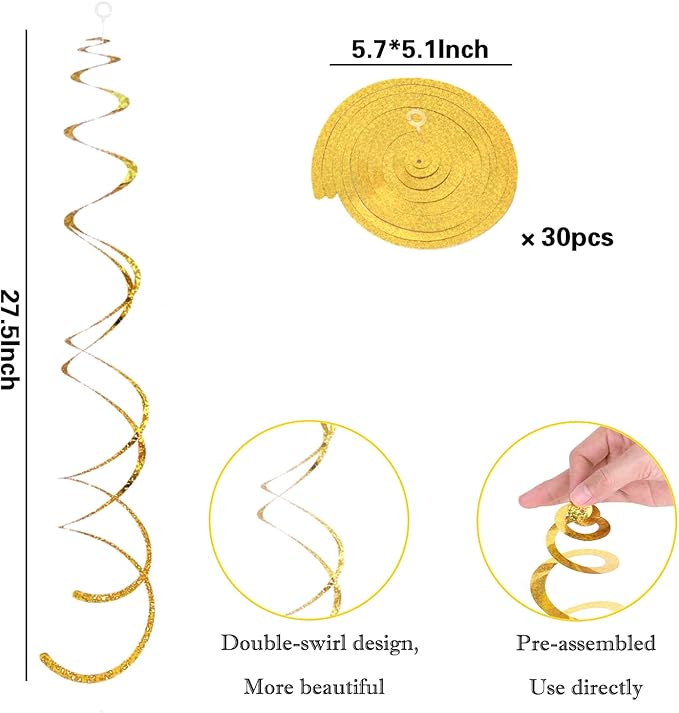 30 Pieces Gold Hanging Swirl Decorations Sparkle Golden Plastic Streamers Ceiling Decorations Wedding Bachelorette Baby Shower Birthday Party Anniversary Graduation Christmas New Year Decorations