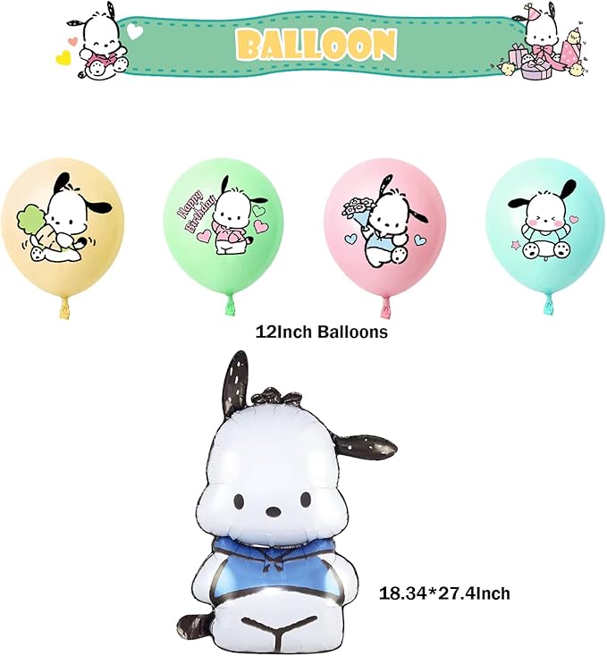 Pochacco Birthday Party Decorations, Kawaii Cartoon Party Supplies with Banner, Cupcake Cake Toppers and Foil Balloons Party Favors for Fans Birthday Background Decorations