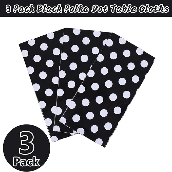 Kesfey 3 Packs Black Polka Dot Plastic Table Cloth 54x108 Inch Black and White Dots Mini Mouse Tablecloths Disposable Black Waterproof Picnic Table Covers for Rectangle Tables Birthday Party Supplies