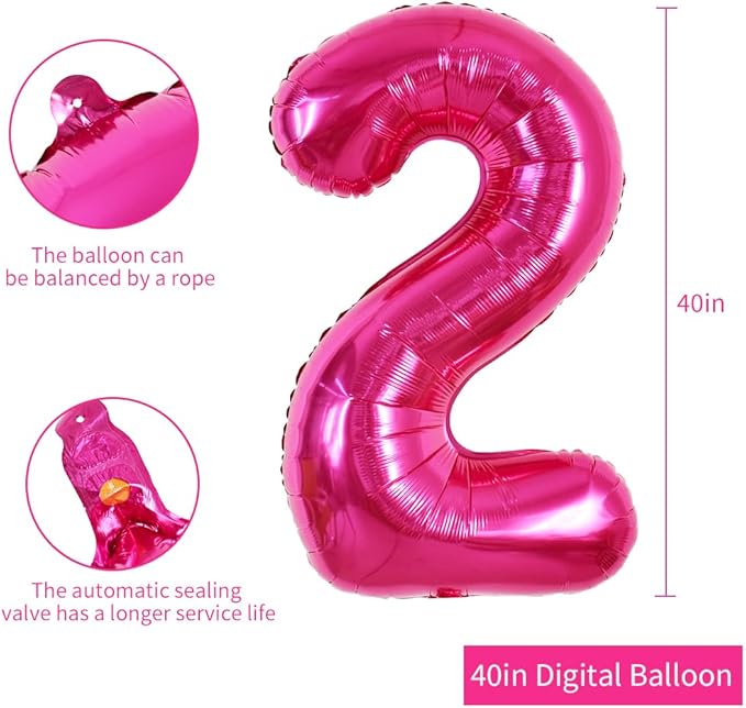 TONIFUL 40 Inch Hot Pink Large Numbers Balloon 0-9 Birthday Party Decorations,Foil Mylar Big Number 2 Balloon Digital 2 for Birthday Party,Wedding, Bridal Shower,Engagement,Graduations,Anniversary