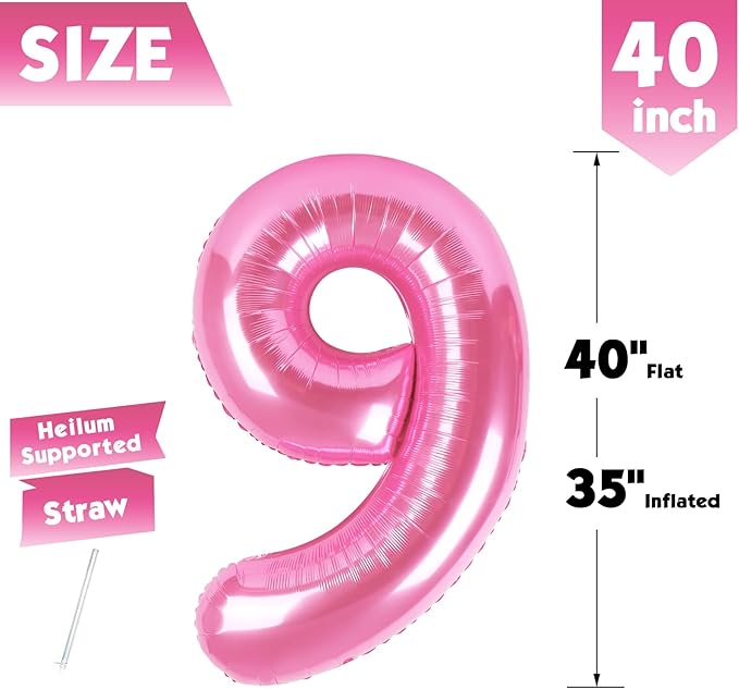 40 Inch Pink Number 9 Balloon, Giant 9 Number Balloons for 9th Birthday Decorations, Party Supplies for Baby Boy Girl, Pink Party Decor