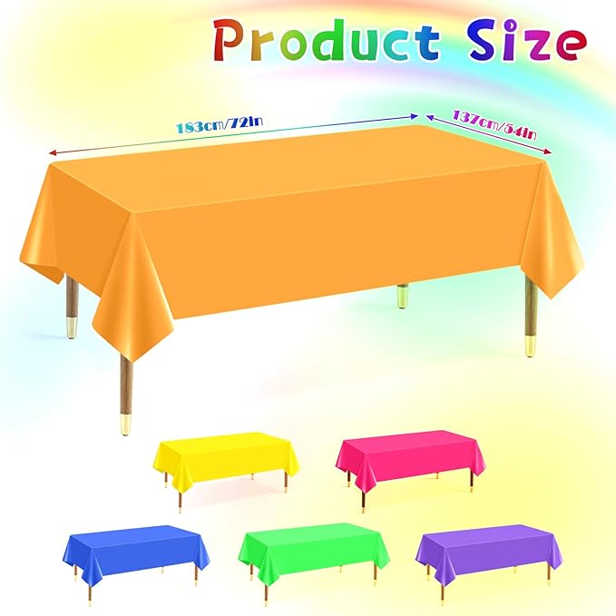 Mwellewm 6Pcs Plastic Table Cloth Disposable, Assorted Color Rainbow Tablecloth Colorful Neon Rectangle Bulk Solid Table Cover for Birthday Wedding Graduation Fiesta Home Party Decorations(54x72 Inch)