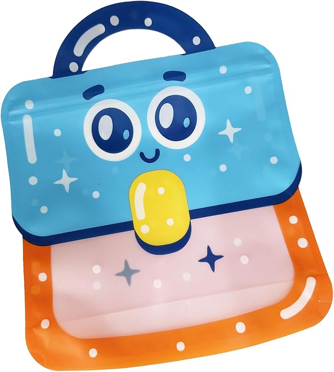 PABCK 30 Pack Plastic Gift Bags Cartoon Goodie Bags 7.09x8.27 inch Backpack-shaped Candy Packaging Bag with Handle Resealable Treats Birthday Party Favor Stand Up (10 Blue,10 Purple and 10 Orange)