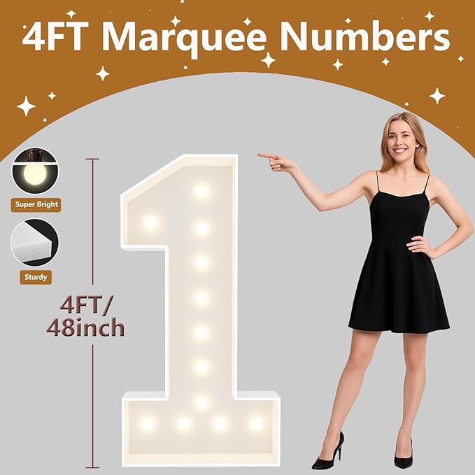 4FT Marquee Light Up Numbers, Giant Marquee Numbers, Pre-Cut DIY Foam Board Number 1 for 1st Birthday, Anniversary Decorations, Wedding Engagement Party Decor