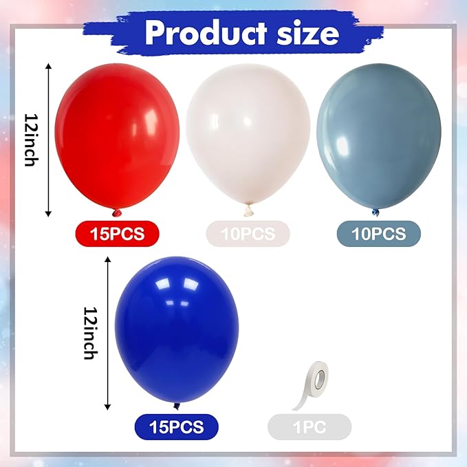 Red White and Blue Balloons, Baseball Balloon Red Royal Dusty Blue White Latex Party Helium Balloons for Birthday Baby Shower Graduation Wedding 4th of July Independence Day Patriotic Party Decoration