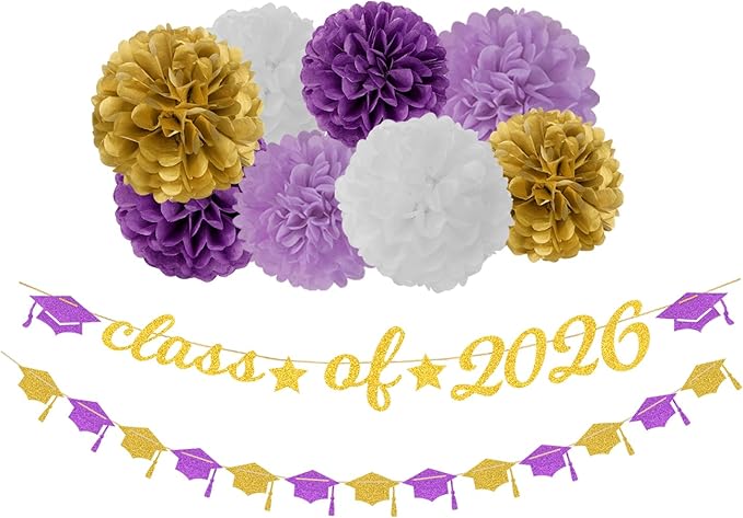 Purple White-Gold Party-Decorations Graduation Banner - 8pcs Kits Class of 2026 Cap Garland Streamers, Paper Tissue Pom Poms Flowers, Congratulations Grad Decor Lasting Surprise
