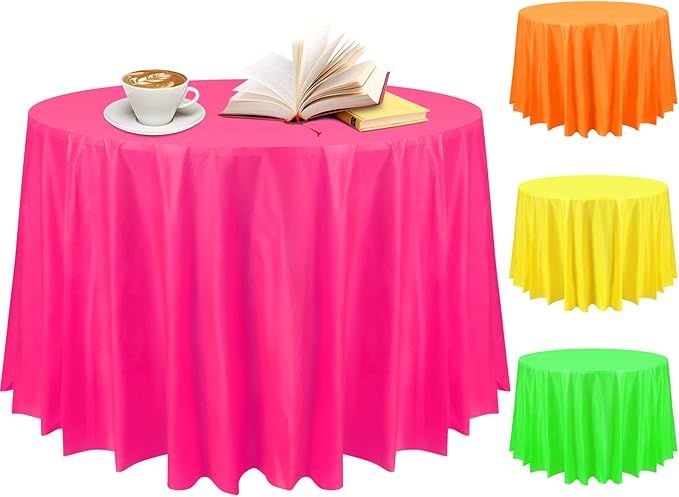 Preboun 84 Inch Large Neon Tablecloth Disposable Plastic Round Party Table Cover Decor Assorted Color Tablecloth Circle Table Cover for Wedding Birthday Picnic Tea Party Decor(Vivid Color,4 Pack)
