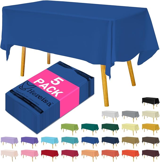 Disposable Plastic Tablecloth Royal Blue 54x108 Inch, 5-Pack Waterproof Rectangular Table Cover for Parties, Picnics, Dining Protection
