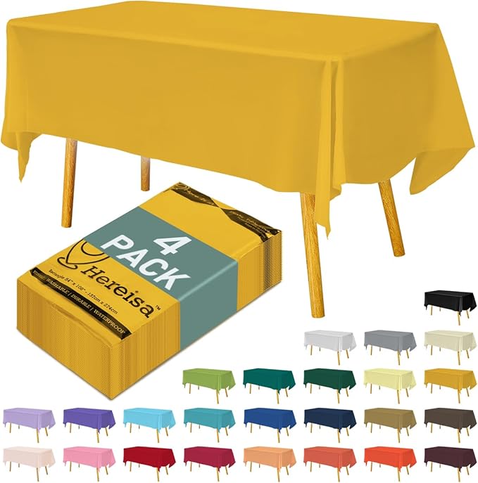 Disposable Plastic Tablecloth 54x108 Inch Rectangle - Yellow, 4 Pack Waterproof & Tear-Resistant Party Table Cover for Dining, Picnic, Crafts, Holiday Decor