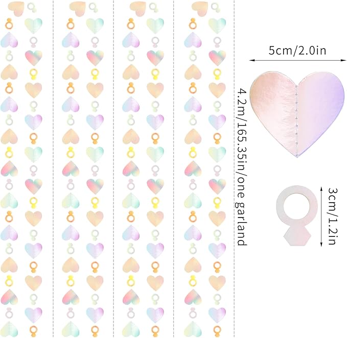 Engagement Bachelorette Party-Decorations Iridescent Heart-Ring Garland - 52Ft Holographic Disco Wedding Paper Streamers Banner,Valentines Day Galentines Proposal Decor Lasting Surprise
