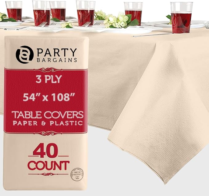 PARTY BARGAINS 40 Disposable Table Covers - 54" X 108" Ivory Table Cover, 3 Ply Paper & Plastic Tablecloth