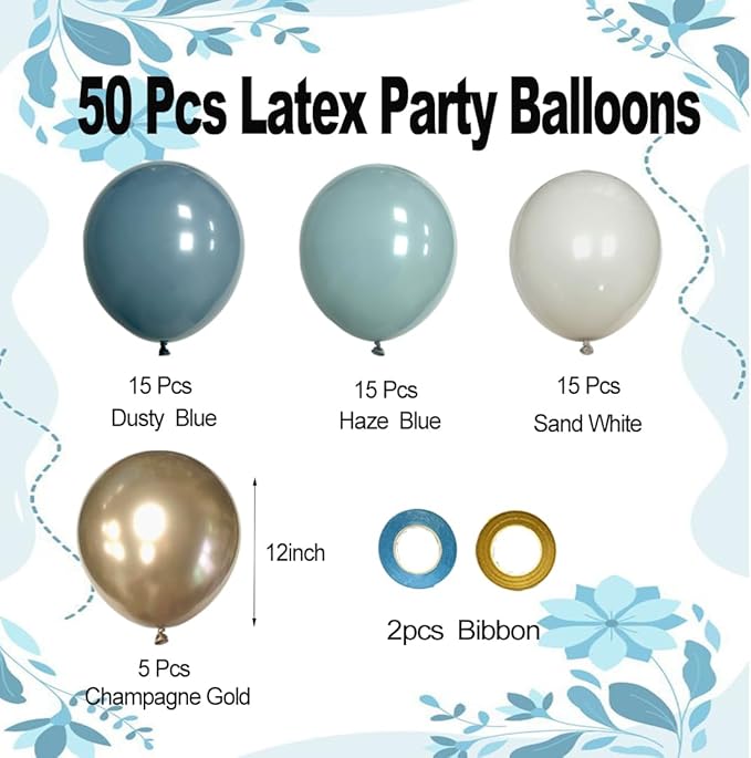 Dusty Blue and Gold Party Balloons, 50pcs 12 Inch Dusty Blue Balloons Sand White Champagne Gold Latex Balloon for Adult Party Anniversary Wedding Bridel Party Decorations