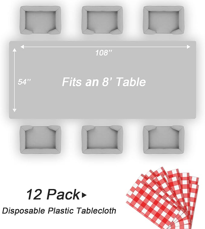QIKSION Red Gingham Tablecloth Disposable 12 Pack, 54 x 108 Inch Red and White Checkered Table Cloth for Picnic, Outdoor BBQ Decorations, Birthday Party Supplies, Rectangle, Plastic Table Cover