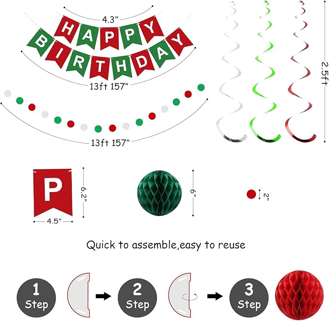 Red Green and White Birthday Decorations,Happy Birthday Banner with Honeycomb-Style Decorative Balls,Feet Circle Dot Garland,Stars Swirls Streamers,Happy Birthday Decorations for Women Men Girls Boys