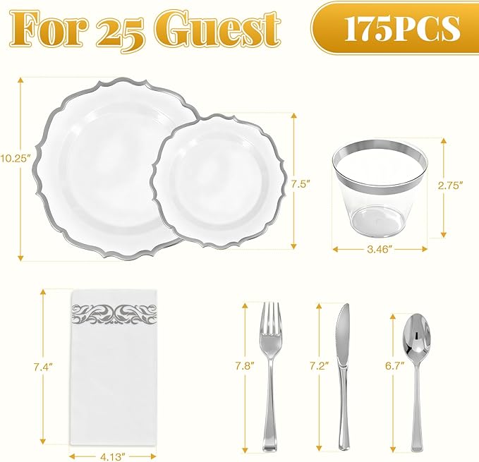 175 Plastic Dinnerware Set Silver Disposable Dinnerware Set for 25 Guests Include 50 Plastic Plates,25 Silverware Set,25 Cups and 25 Napkins for Easter Party Wedding Thanksgiving