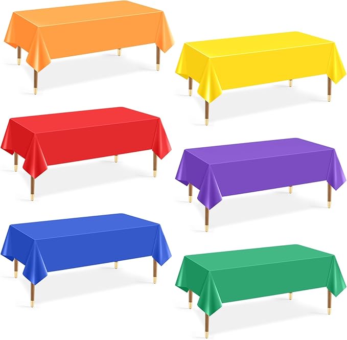 Mwellewm 6Pcs Plastic Table Cloth Disposable, Assorted Color Rainbow Tablecloth Colorful Neon Rectangle Bulk Solid Table Cover for Birthday Wedding Graduation Picnic Home Party Decorations（54x72 Inch）