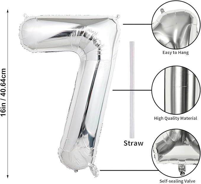 16 In Silver Large Numbers Balloons 0-9, Self Inflating Number 7 Balloons for Boys Girls, Big Silver Digit 7 Balloons for Women Men Birthday Party Anniversary Wedding Supplies Decorations