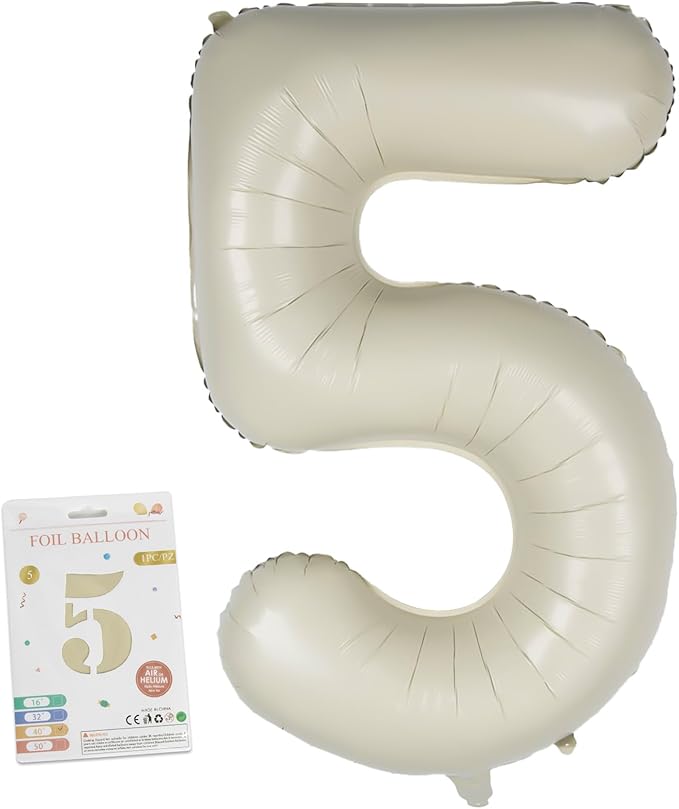 40in Birthday Big Number Balloon - CARGEN Giant Foil Balloons for Women Men Birthday Party Wedding Anniversary Supplies Decorations, Creamy White Five, No.5