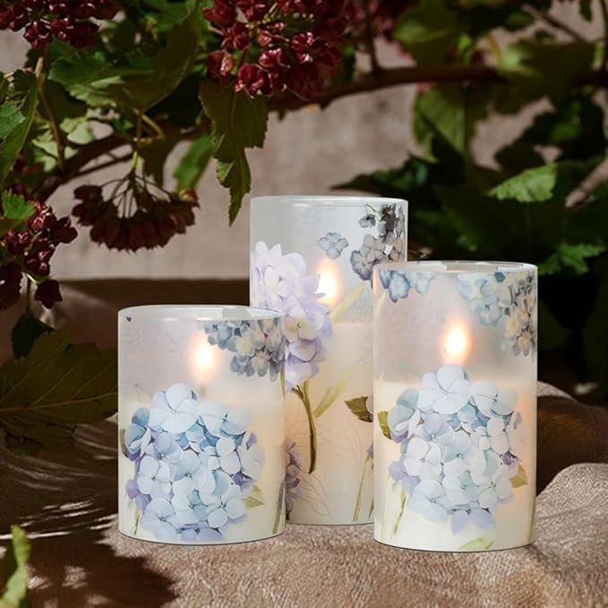 Hydrangeas Decals Glass Flameless Candles with Remote Timer, Battery Led Pillar Candles Flickering Real Wax Pack of 3 for Mother's Day Gift, Spring Dinner Home Decor, Φ 3" H 4" 5" 6"
