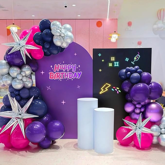 Hot Pink Purple Dark Blue Baloon Garland Arch Kit with 4D Star Foil Balloon Silver, 155Pcs Latex Balloons Different Sizes 18 12 10 5 inch for Graduation Birthday Wedding