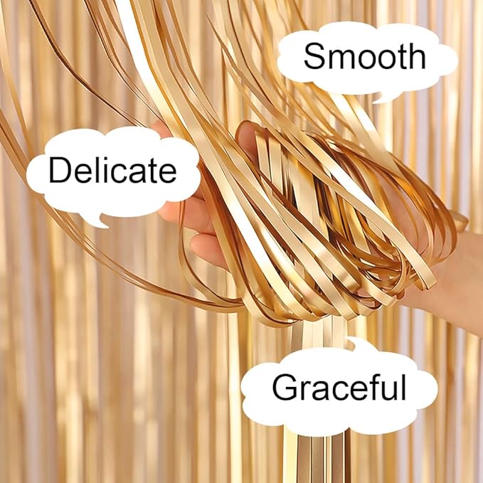 Light Gold Backdrop Curtains -6.6x9.8 feet, Pack of 2 | LILF Matte Foil Fringe Curtain with Non-Marking Tape | Tinsel Streamers Backdrop for Birthday Bachelorette Party Decoration Photo Booth Props