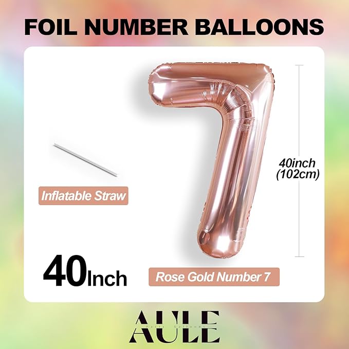 AULE 40 Inch Big Rose Gold 7 Balloon Number Large Foil Helium Number Balloons 0-9 Jumbo Giant Happy 7th Birthday Party Decorations for Boy or Girl Huge Mylar Anniversary Party Supplies