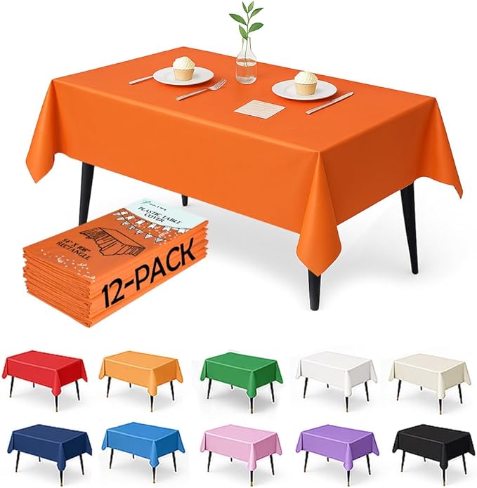 Craft And Party 12-Pack Orange Plastic Tablecloths – 54 x 108 Inch Disposable Table Covers for Rectangle Tables, Heavy Duty & Waterproof for Parties, Events, Banquets, Orange