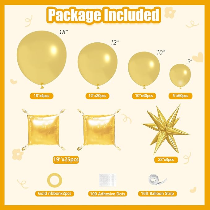152Pcs Gold Foil Square Balloon Wall Backdrop with Metallic Gold Latex Balloons Arch Garland Kit, Double Sided Balloon Tunnel for New Year Birthday Anniversary Graduation Party Decorations
