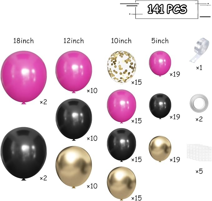 Black Red and Gold Balloon Arch Kit, 141Pcs Matte Black Hot Pink Gold Metallic Gold Confetti Balloons for Birthday Wedding Bachelorette Gender Reveal Anniversary